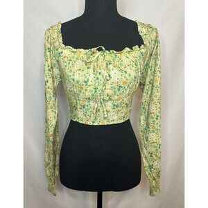 AERIE Woven Long Sleeve Floral Crop Smocked Blouse‎ XS NWT